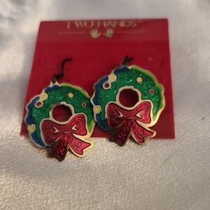 Festive Wreath Earrings with Red Bows (E2)